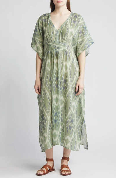 Faherty Ikat Print Organic Cotton Cover-up Caftan In Oil Green