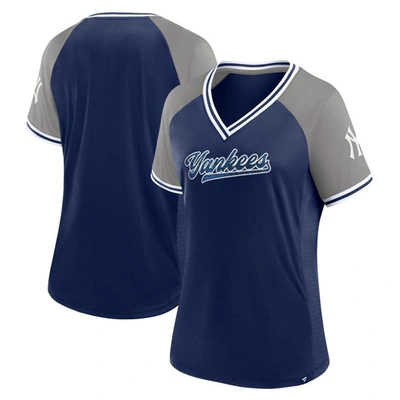 Fanatics Women's Navy New York Yankees Glitz Glam League Diva Raglan V-neck T-shirt