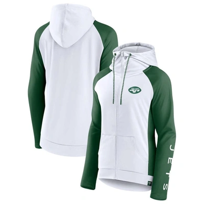 Fanatics Women's White/green New York Jets End Around Lightweight Raglan Full-zip Hoodie Jacket In White,green