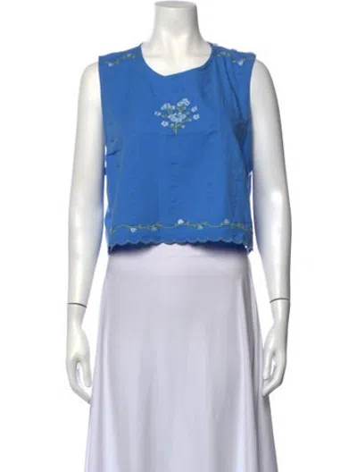 Pre-owned Fanm Mon Floral Print Crew Neck Crop Top In Blue