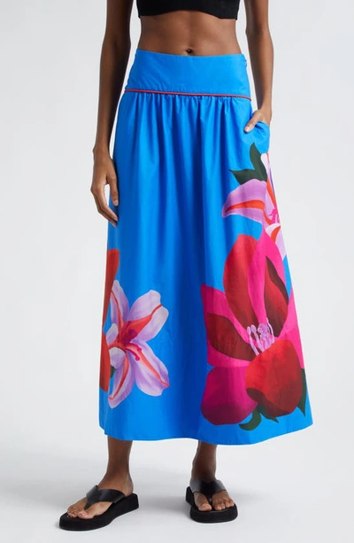 Farm Rio Amazonia Floral Maxi Skirt In Watercolor Floral Blue