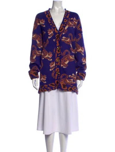 Pre-owned Farm Rio Animal Print V-neck Sweater In Purple