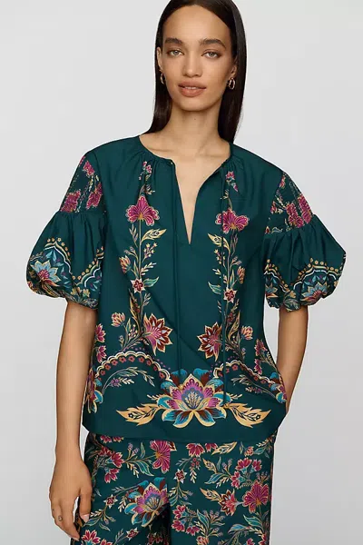 Farm Rio Cotton Blend Printed Puff Sleeve Blouse In Green