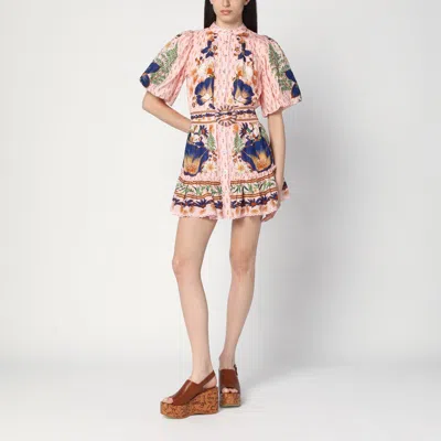 Farm Rio Dream Garden Pink Mini Dress With Belt In The Dream Garden Pink