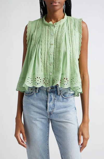 Farm Rio Eyelet Accent Sleeveless High-low Cotton Top In Green