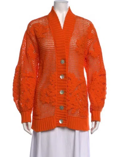 Pre-owned Farm Rio Floral Print Open Front Sweater In Orange