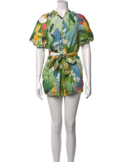 Pre-owned Farm Rio Floral Print Romper In Green