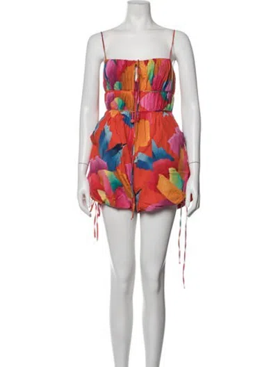 Pre-owned Farm Rio Floral Print Square Neckline Romper In Orange