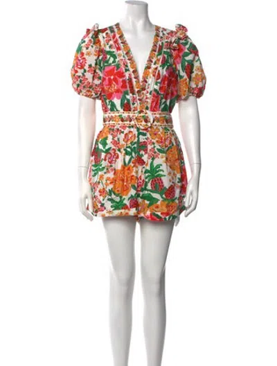 Pre-owned Farm Rio Floral Print V-neck Romper In White