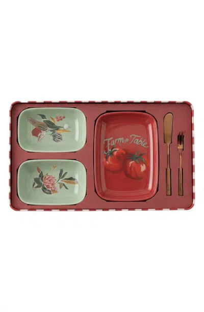 Farm Rio Jolly Bite 5-piece Ceramic Appetizer Set In Red