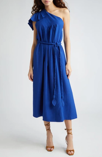 Farm Rio Leaf One-shoulder Belted Linen Blend Midi Dress In Blue