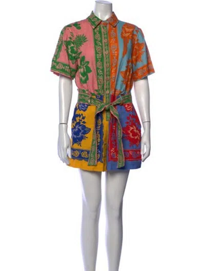 Pre-owned Farm Rio Linen Floral Print Jumpsuit In Blue/pink
