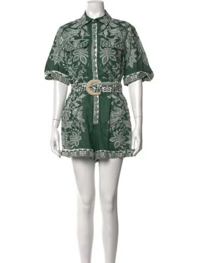 Pre-owned Farm Rio Linen Floral Print Romper In Green