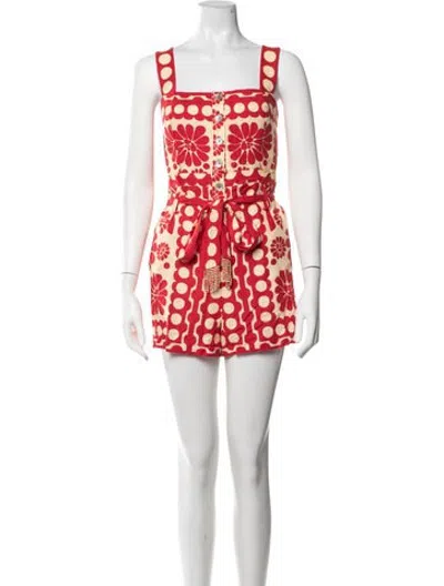 Pre-owned Farm Rio Linen Floral Print Romper In Red