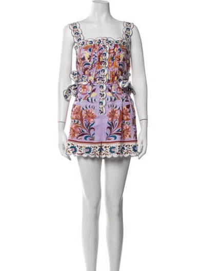 Pre-owned Farm Rio Linen Floral Print Romper W/ Tags In Blue/neutrals