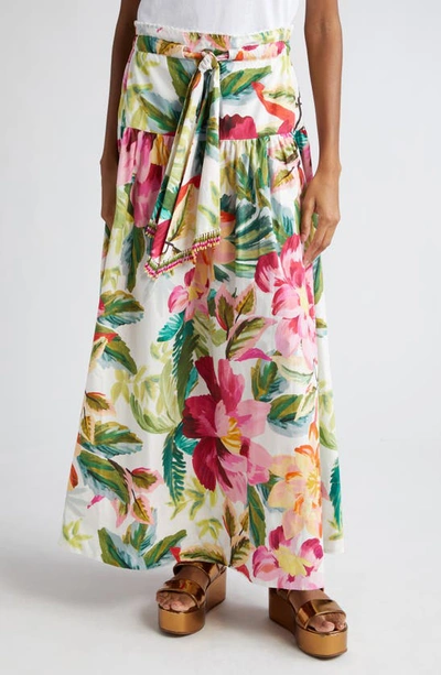 Farm Rio Painted Flowers Belted Cotton Maxi Skirt In Painted Flowers White