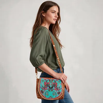 Fashnzfab Boho Birds Floral Beads Embroidered Animal Hair Saddle Crossbody Bag In Blue