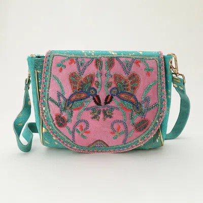 Fashnzfab Boho Birds Floral Beads Embroidered Animal Hair Saddle Crossbody Bag In Multi