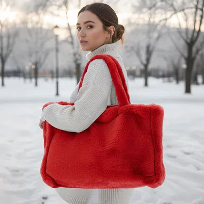Fashnzfab Oversized Faux Fur Soft-touch Tote Bag In Red