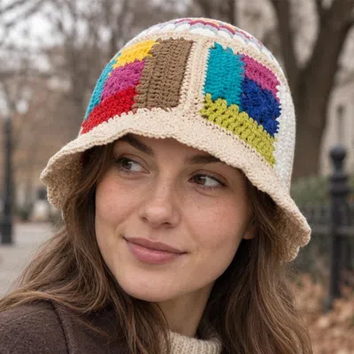 Fashnzfab Patchwork Crochet Downturned Brim Bucket Hat In Multi