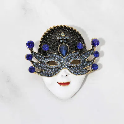 Fashnzfab Rhinestone Embellished Enamel Masquerade Face Mask Pin Brooch In Blue