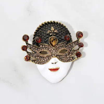 Fashnzfab Rhinestone Embellished Enamel Masquerade Face Mask Pin Brooch In Brown