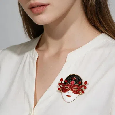 Fashnzfab Rhinestone Embellished Enamel Masquerade Face Mask Pin Brooch In Red