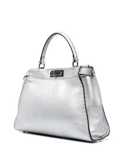Pre-owned Fendi 2000-2010 Medium Leather Selleria Peekaboo Iconic Satchel In Silver