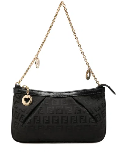 Pre-owned Fendi 2000-2010 Zucchino Canvas Chain Pochette Shoulder Bag In Black