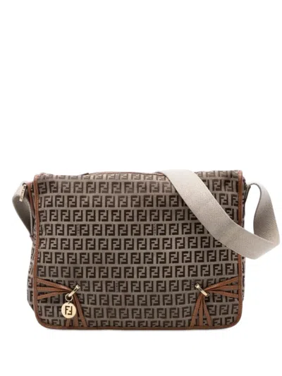 Pre-owned Fendi 2000-2010 Zucchino Canvas F Charm Crossbody Bag In Neutral