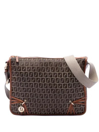 Pre-owned Fendi 2000-2010 Zucchino Canvas F Charm Crossbody Bag In Neutral