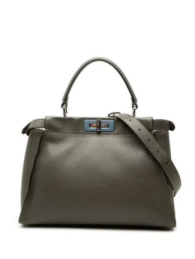 Pre-owned Fendi 2010-2026 Medium Leather Peekaboo Iconic Satchel In Grey