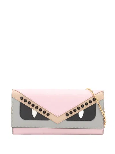 Pre-owned Fendi 2010-2026 Studded Leather Monster Eyes Tube Wallet On Chain Crossbody Bag In Pink