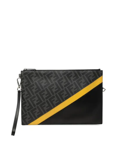 Pre-owned Fendi 2010-2026 Zucca Coated Canvas Diagonal Clutch Bag In Black