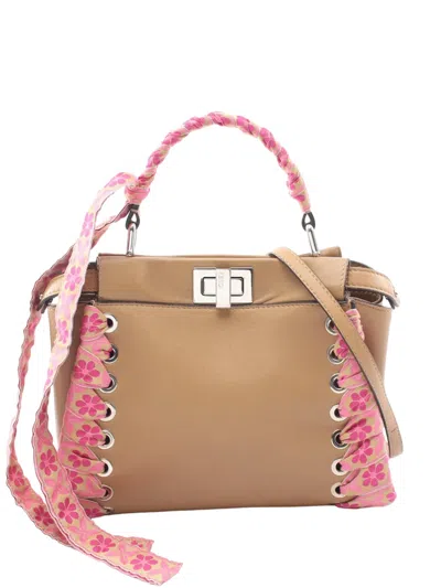 Pre-owned Fendi 2015-2017 Mini Ribbon Whipstitch Peekaboo Satchel In Brown