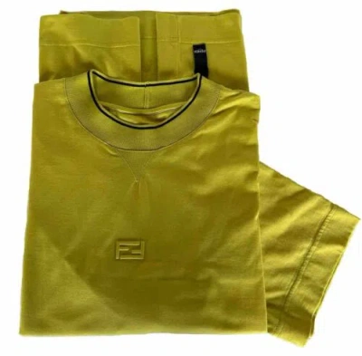 Pre-owned Fendi $690  Logo Print Knit Fabric Yellow Jersey T-shirt Xl Fy1186 Italy