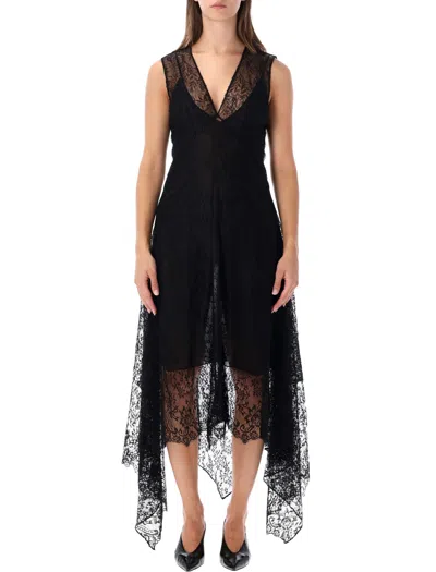 Fendi Allover Flowers & Bacche Lace Sleeveless Midi Dress With Asymmetric Skirt And V-neck In Nero