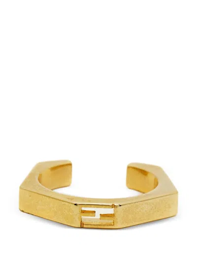 Pre-owned Fendi Baguette Hexagonal Ring In Gold