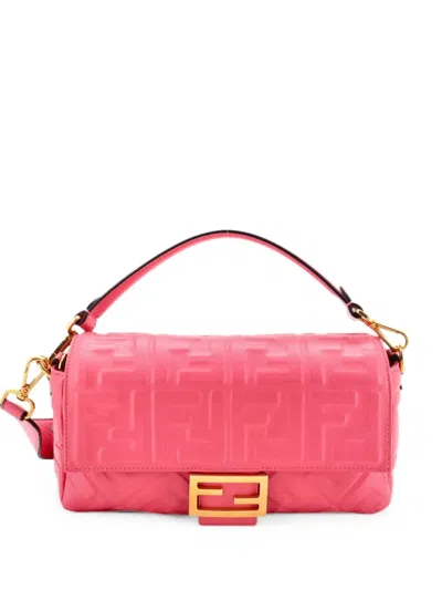 Pre-owned Fendi Baguette Nm Bag Zucca Embossed Leather Medium Crossbody Bag In 粉色