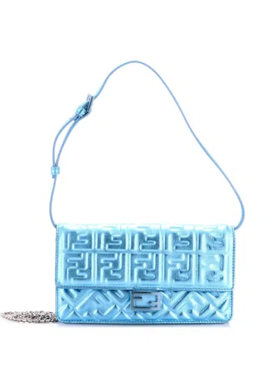 Pre-owned Fendi Baguette Wallet On Chain Zucca Embossed Leather Crossbody Bag In Blue