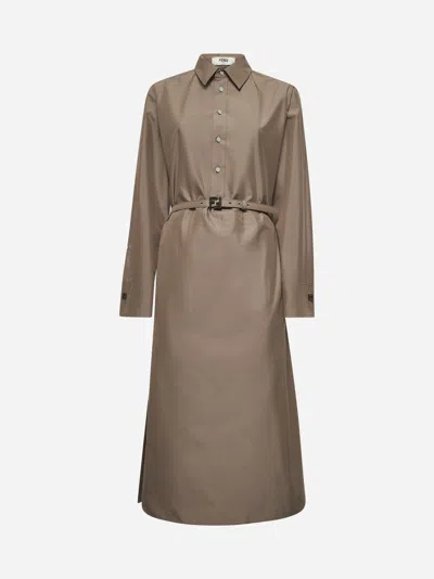 Fendi Brown Cotton And Silk Canvas Shirt Dress In Nude & Neutrals