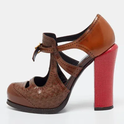 Pre-owned Fendi Chameleon Size 35 Brown/red Leather Brogue Platform Pumps