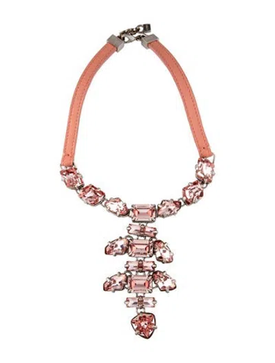 Pre-owned Fendi Crystal Leather Pendant Collar Necklace, 17" In Pink