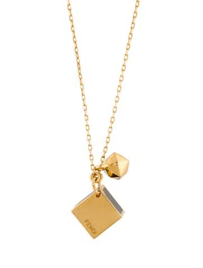 Pre-owned Fendi Enamel Cube Pendant Necklace, 28.5" In Black
