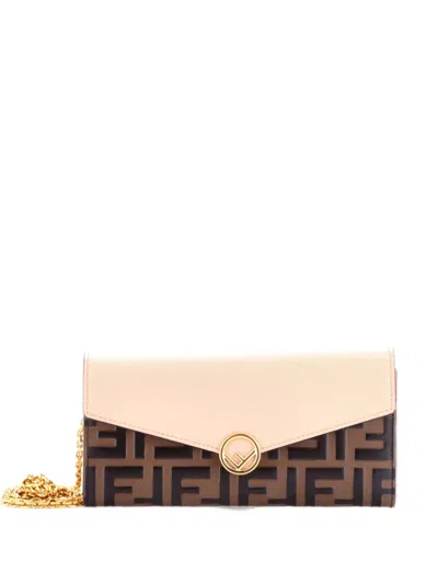 Pre-owned Fendi F Is  Continental Chain Wallet Leather With Zucca Embossed Detail Shoulder Bag In Brown