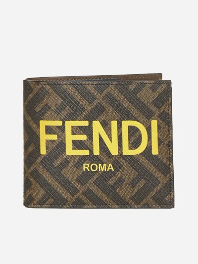Fendi Ff Fabric And Leather Bifold Wallet In Brown,yellow