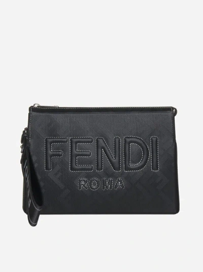 Fendi Ff Fabric And Leather Clutch Bag In Black