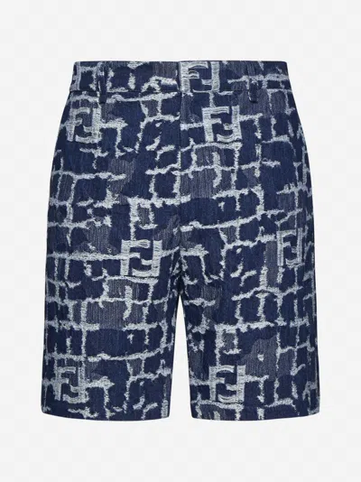 Fendi Ff Jacquard Denim Shorts In Blue