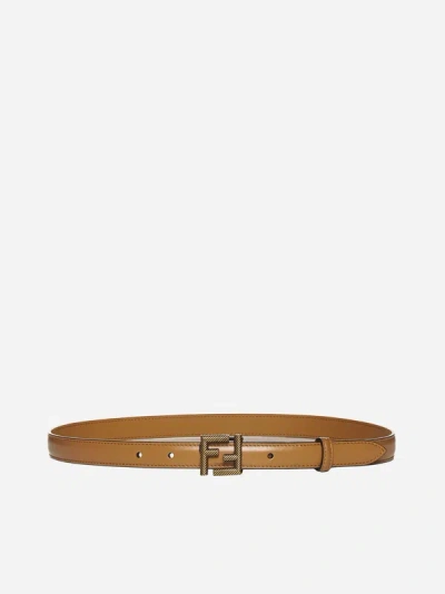 Fendi Ff Leather Thin Belt In Brown