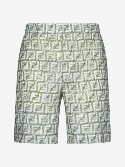 Fendi Ff Print Linen Shorts In Green